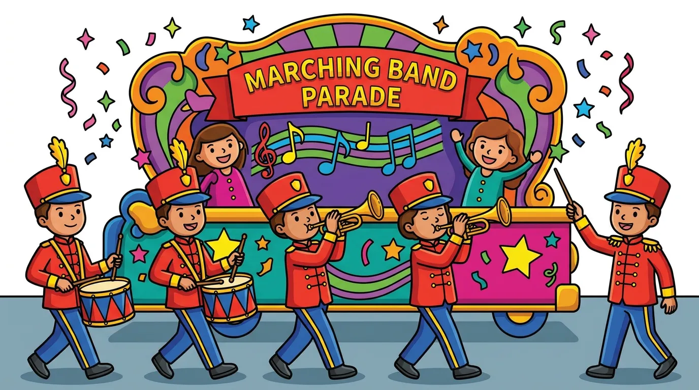 marching band with drummers, trumpets and float coloring page to print