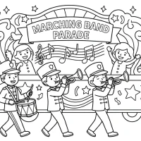 marching band with drummers, trumpets and float