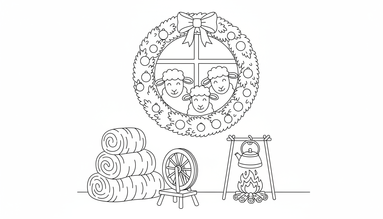 cozy shepherd’s hut Christmas scene coloring page to print