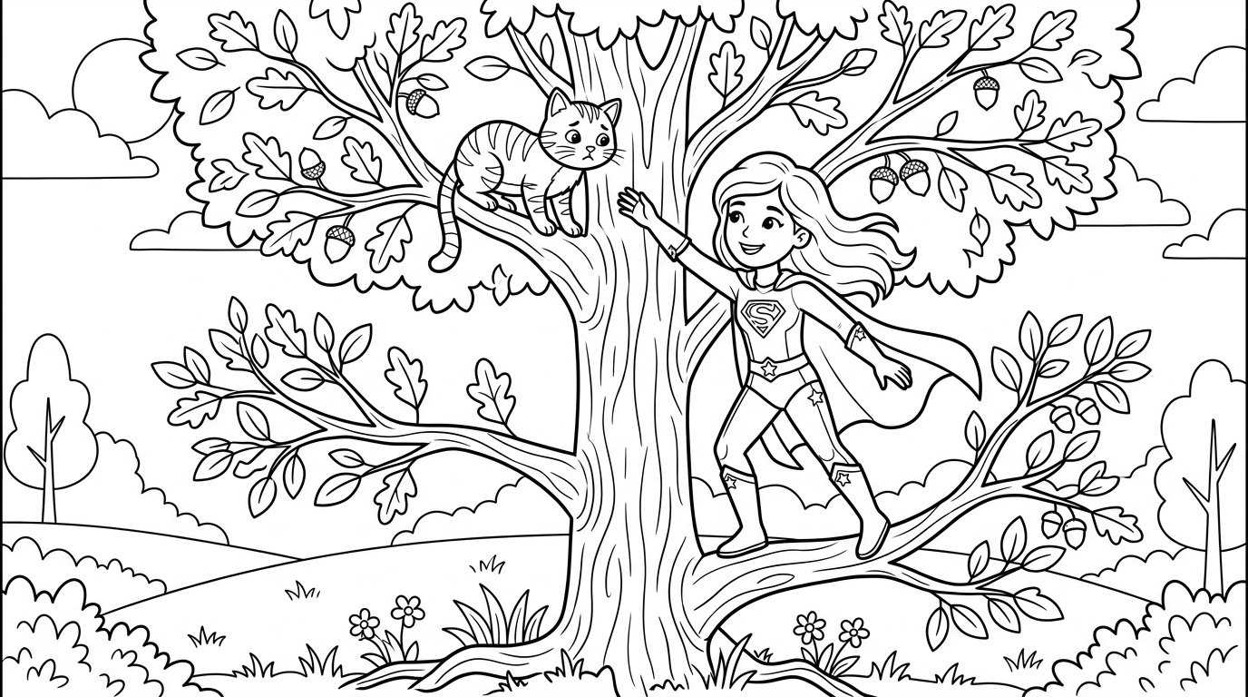 A brave superhero saving a cat from a tall tree. coloring page to print