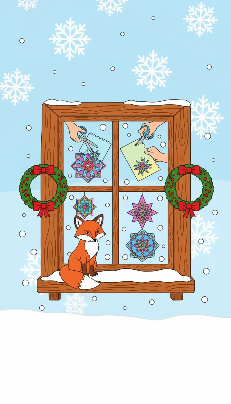 calm cottage Christmas window scene coloring page to print