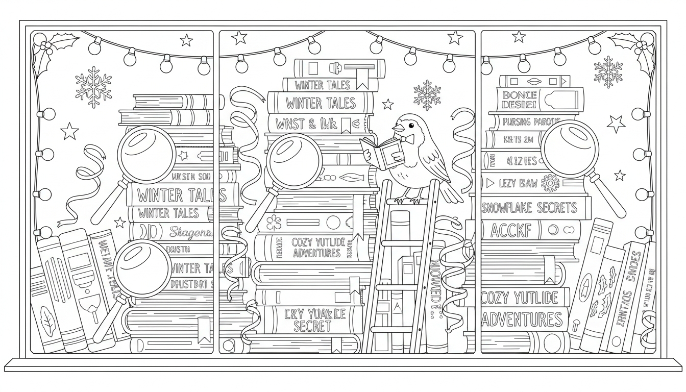 Christmas bookshop window with robin and winter tales coloring page to print