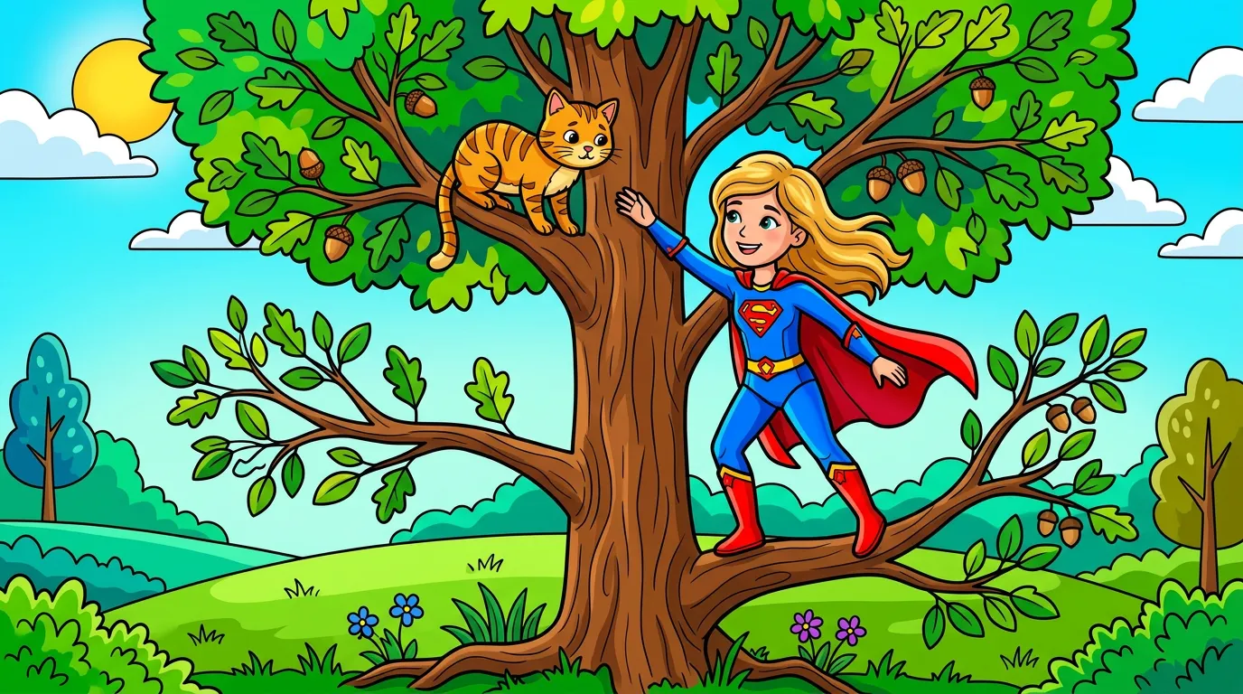 A brave superhero saving a cat from a tall tree. coloring page to print
