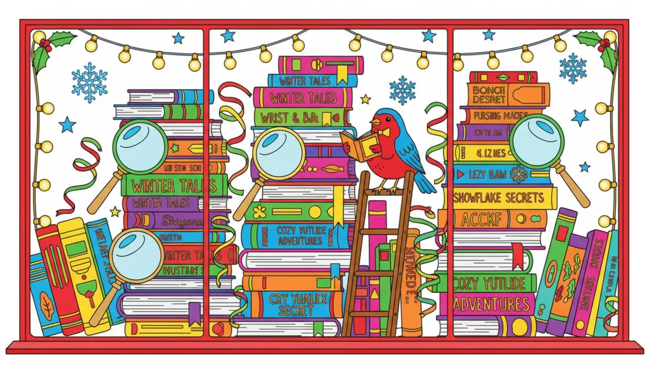 Christmas bookshop window with robin and winter tales coloring page to print