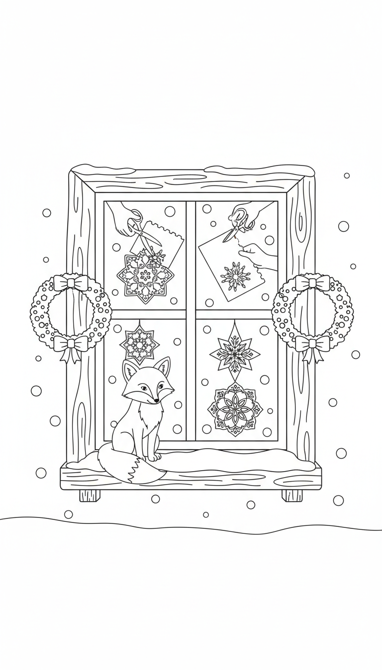 calm cottage Christmas window scene coloring page to print