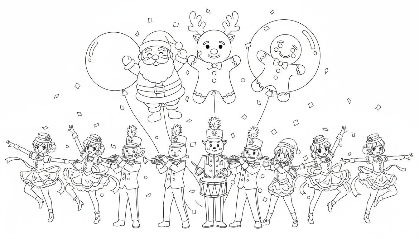 Holiday parade with marching bands and balloons coloring page to print