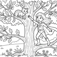 A brave superhero saving a cat from a tall tree.