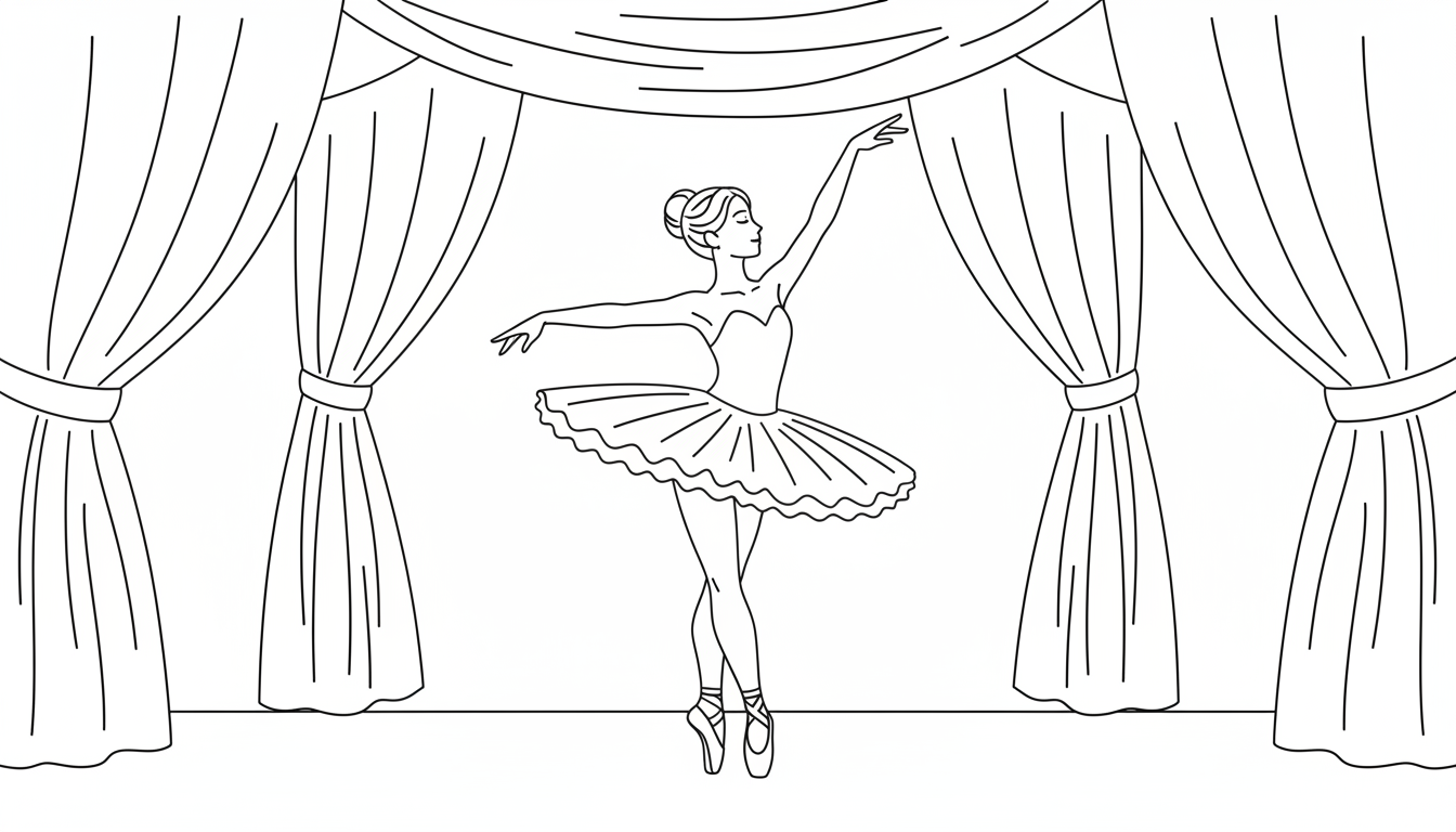 Elegant ballet dancer in tutu practicing on stage coloring page to print