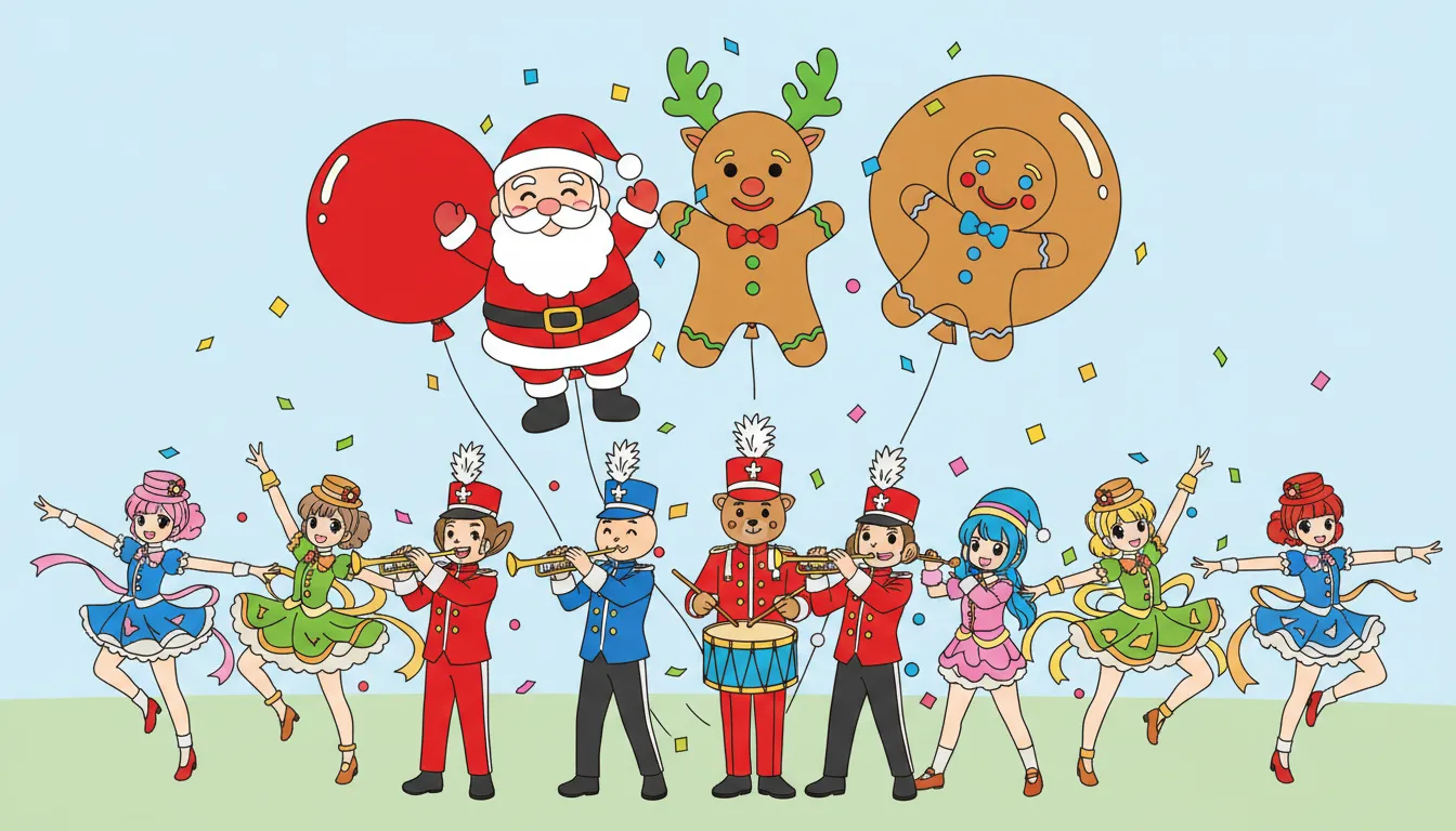 Holiday parade with marching bands and balloons coloring page to print