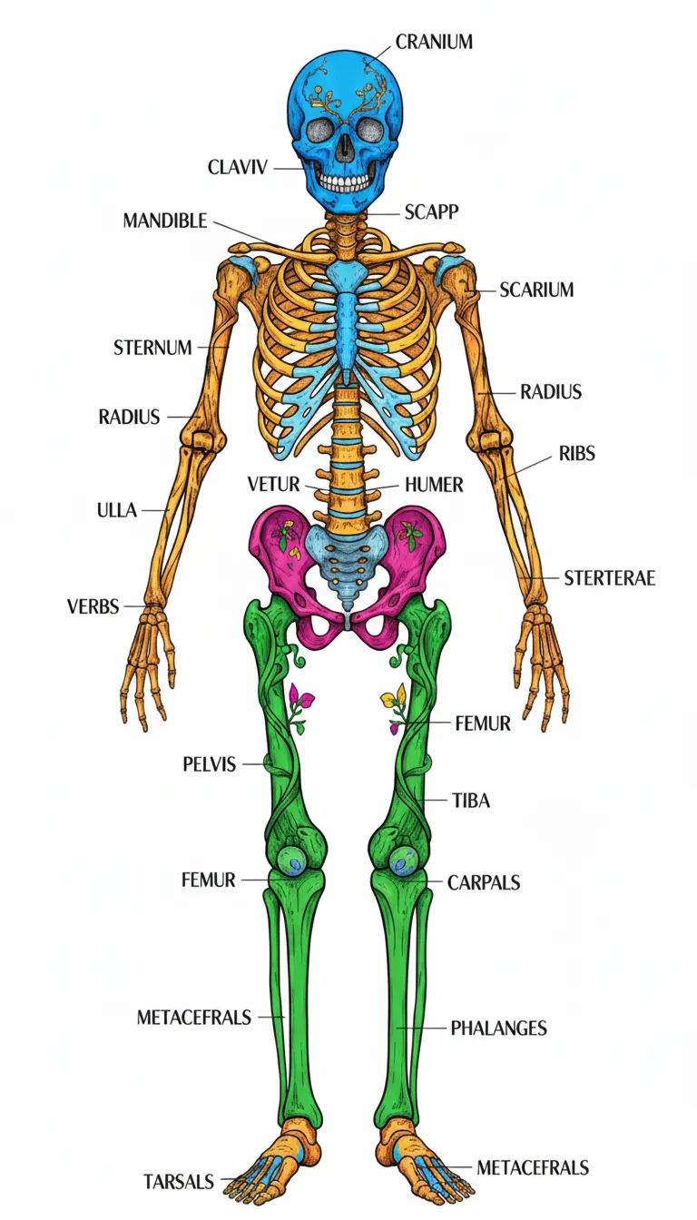A detailed diagram of the human skeletal system. coloring page to print