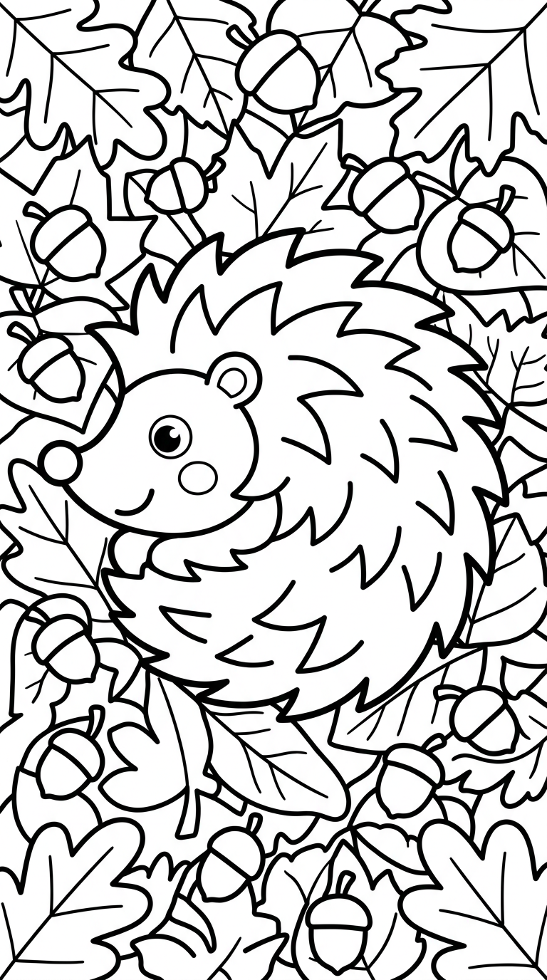 Cute hedgehog with leaves and acorns coloring page to print