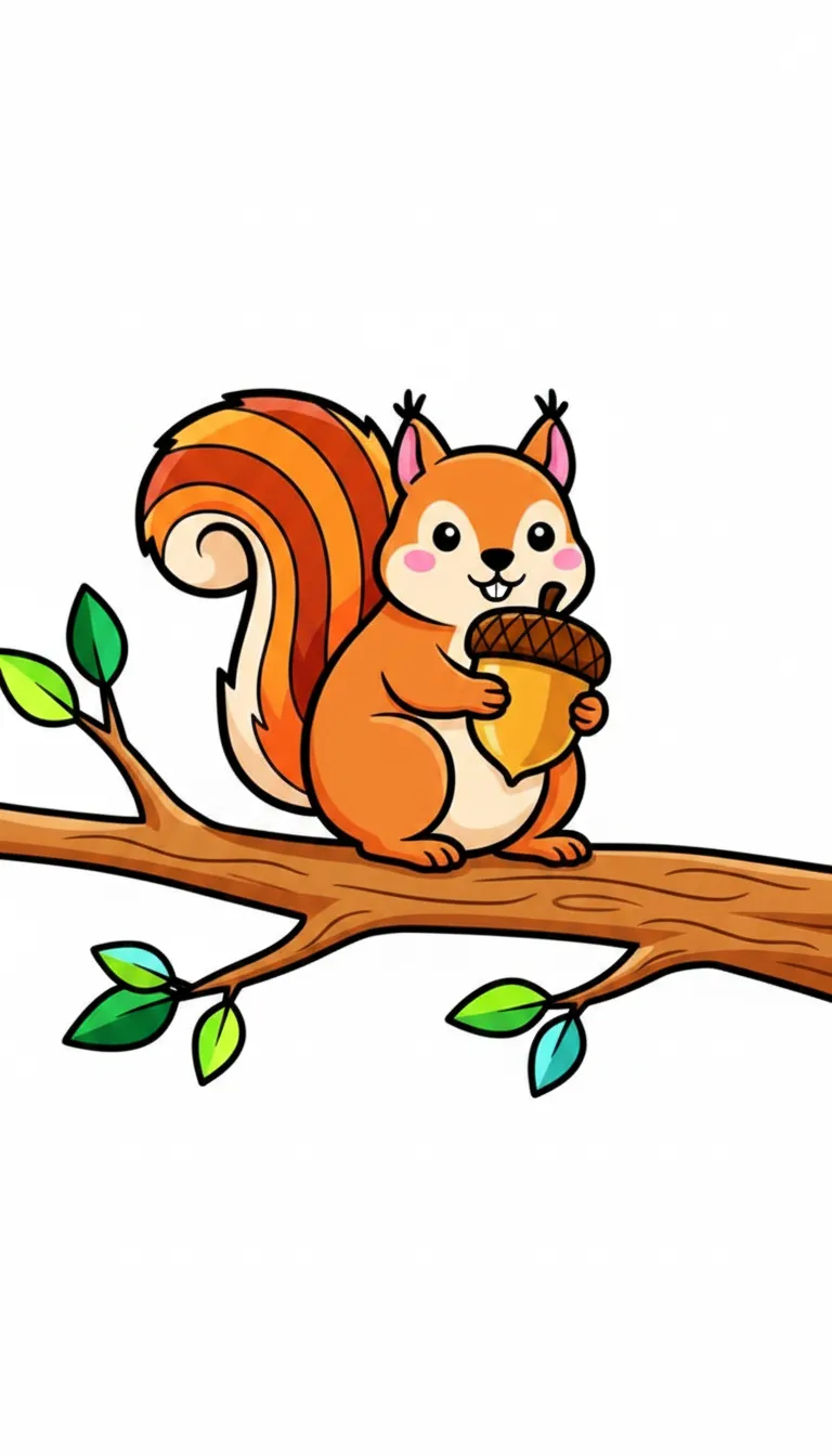 playful squirrel balancing on a branch with acorn coloring page to print