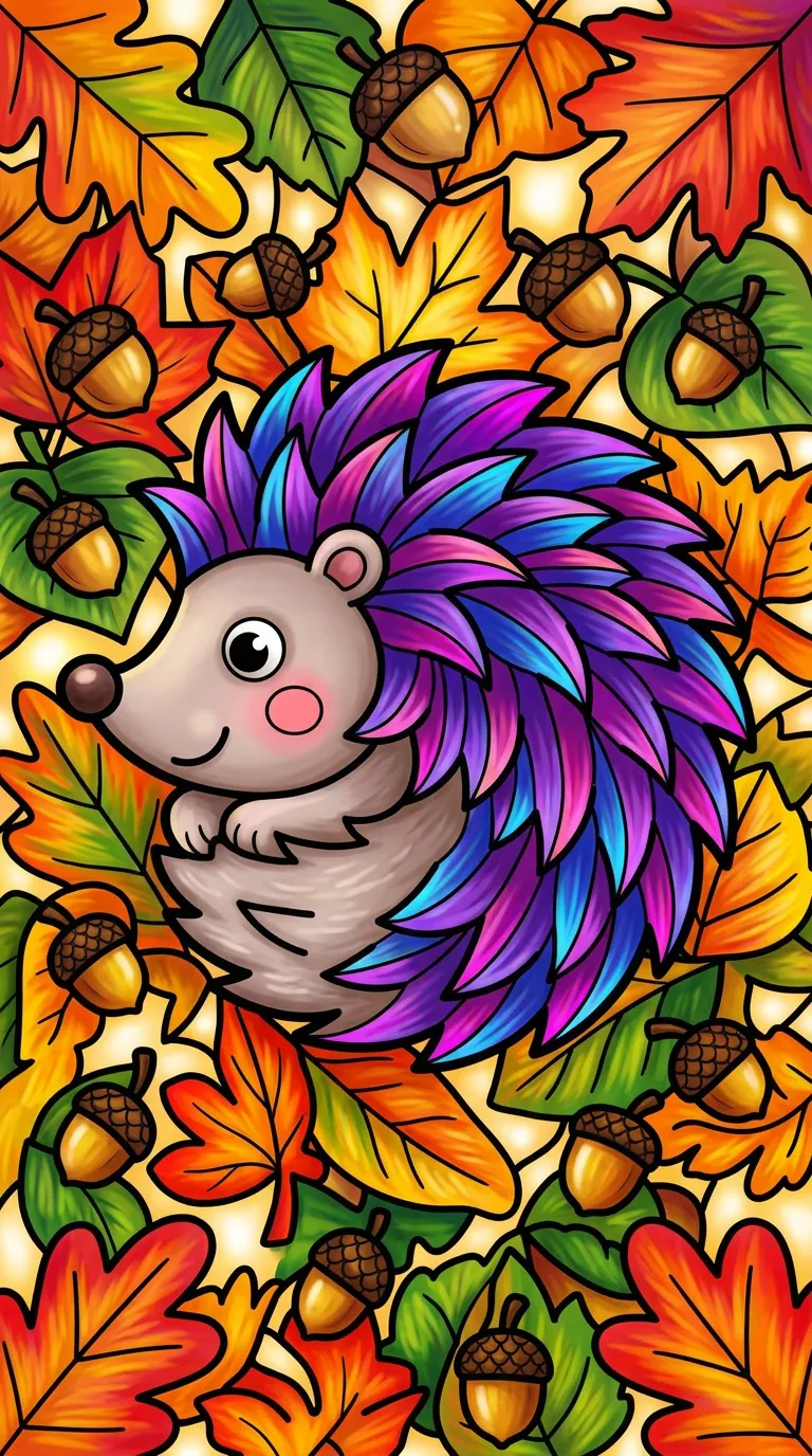 Cute hedgehog with leaves and acorns coloring page to print