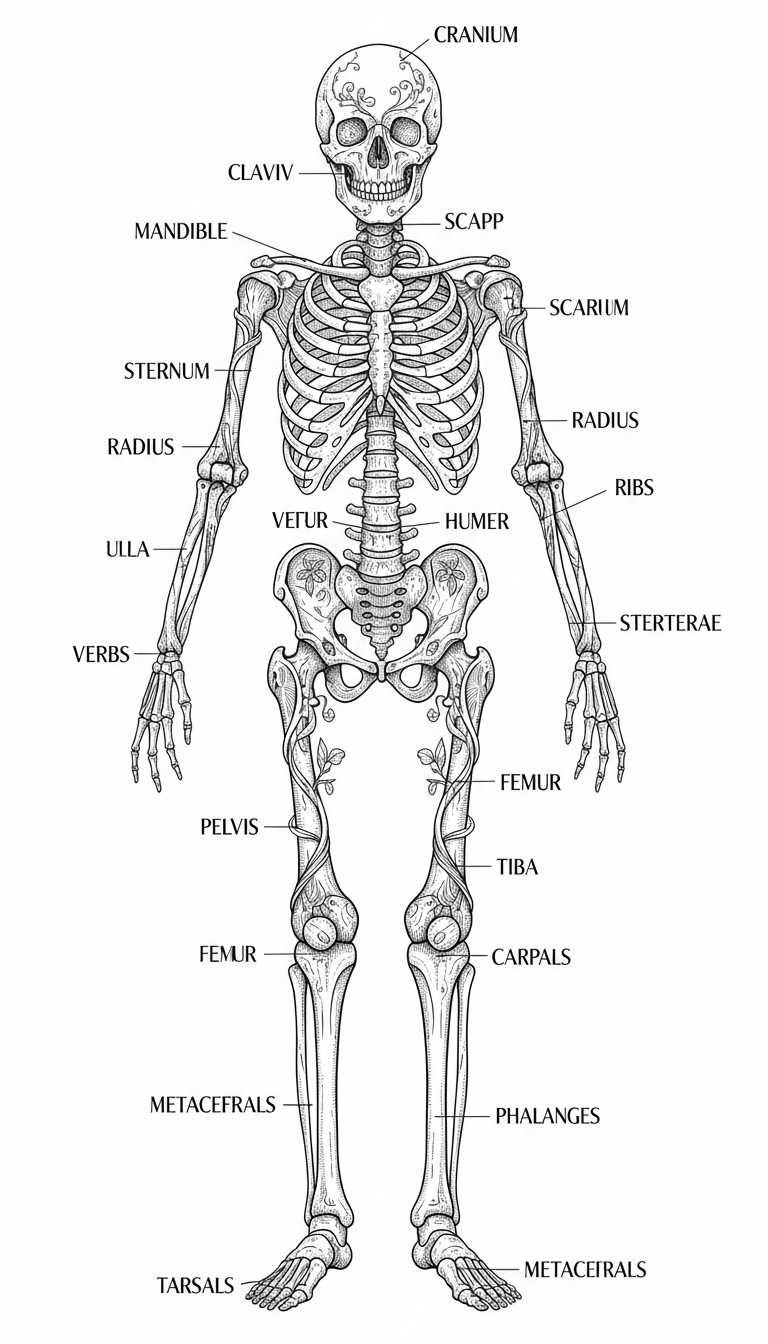 A detailed diagram of the human skeletal system. coloring page to print
