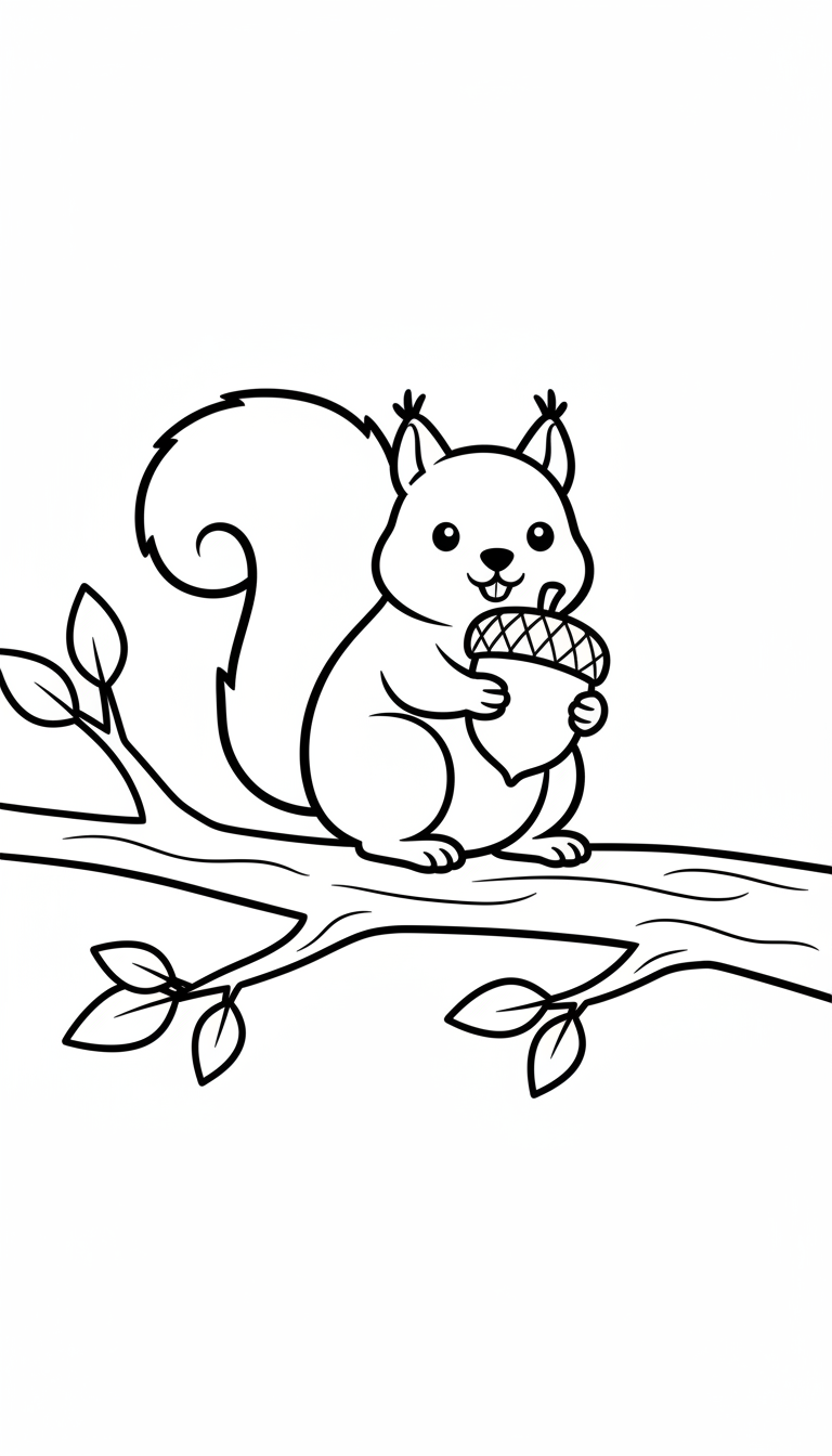 playful squirrel balancing on a branch with acorn coloring page to print