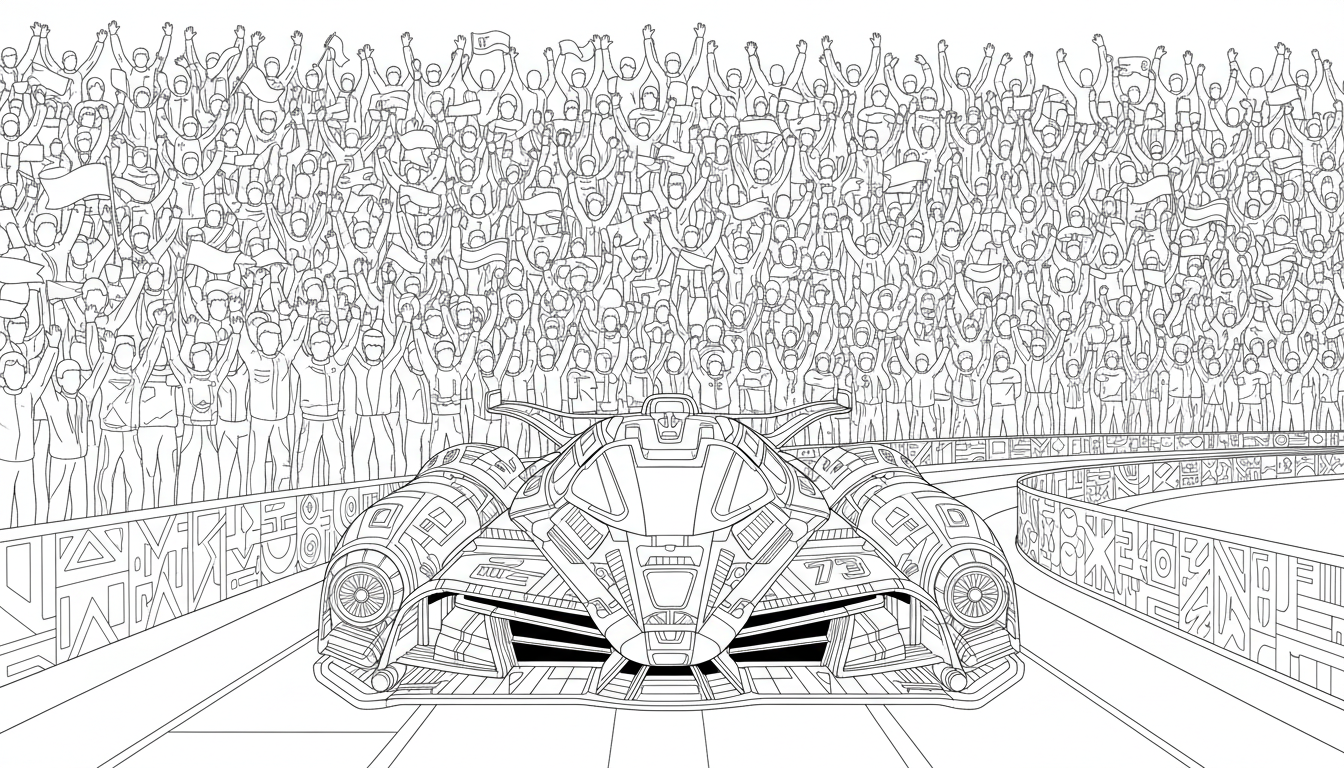 futuristic race car speeding down track coloring page to print
