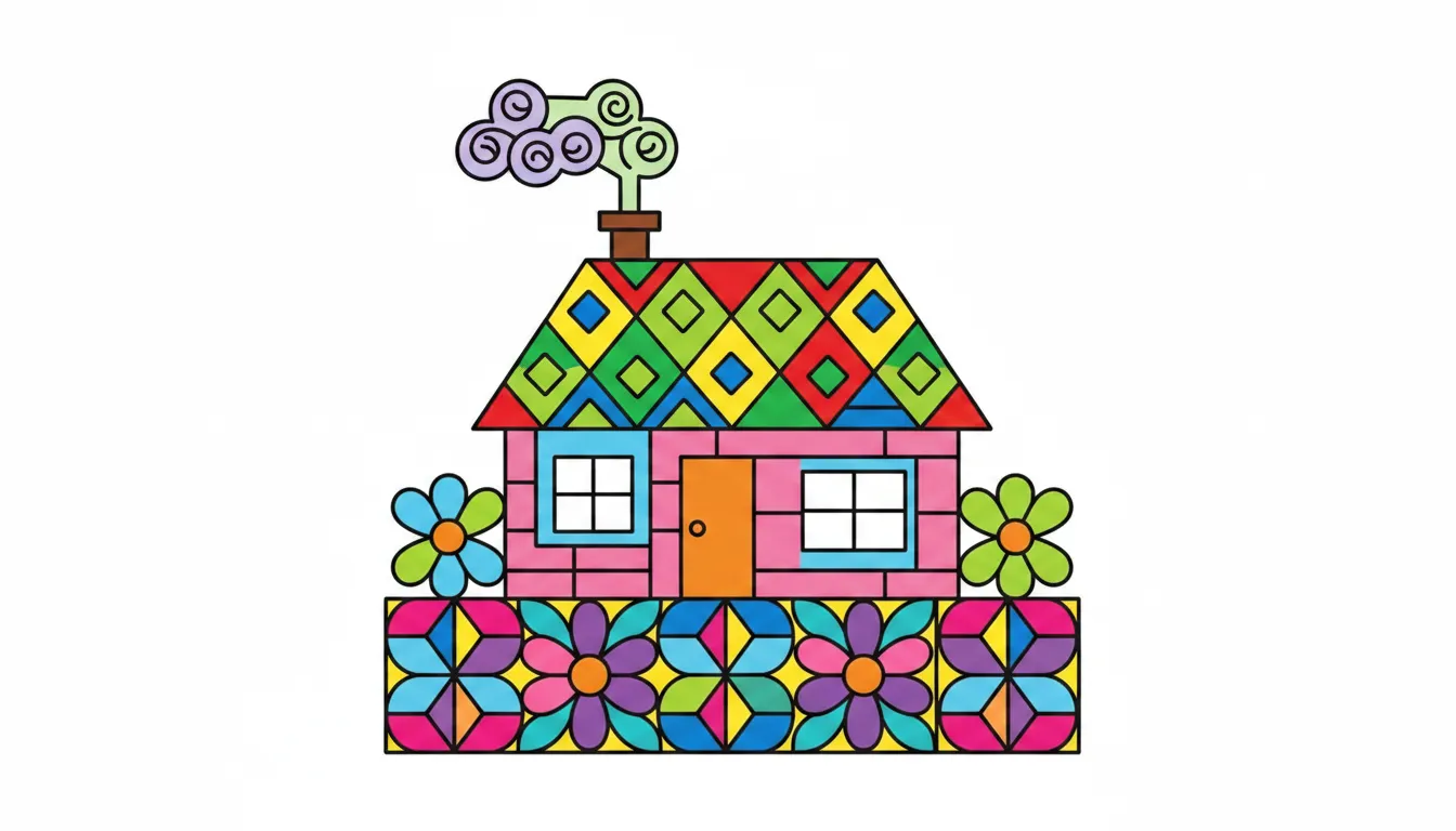 A cozy cottage with smoke coming from the chimney and flowers in the yard. coloring page to print