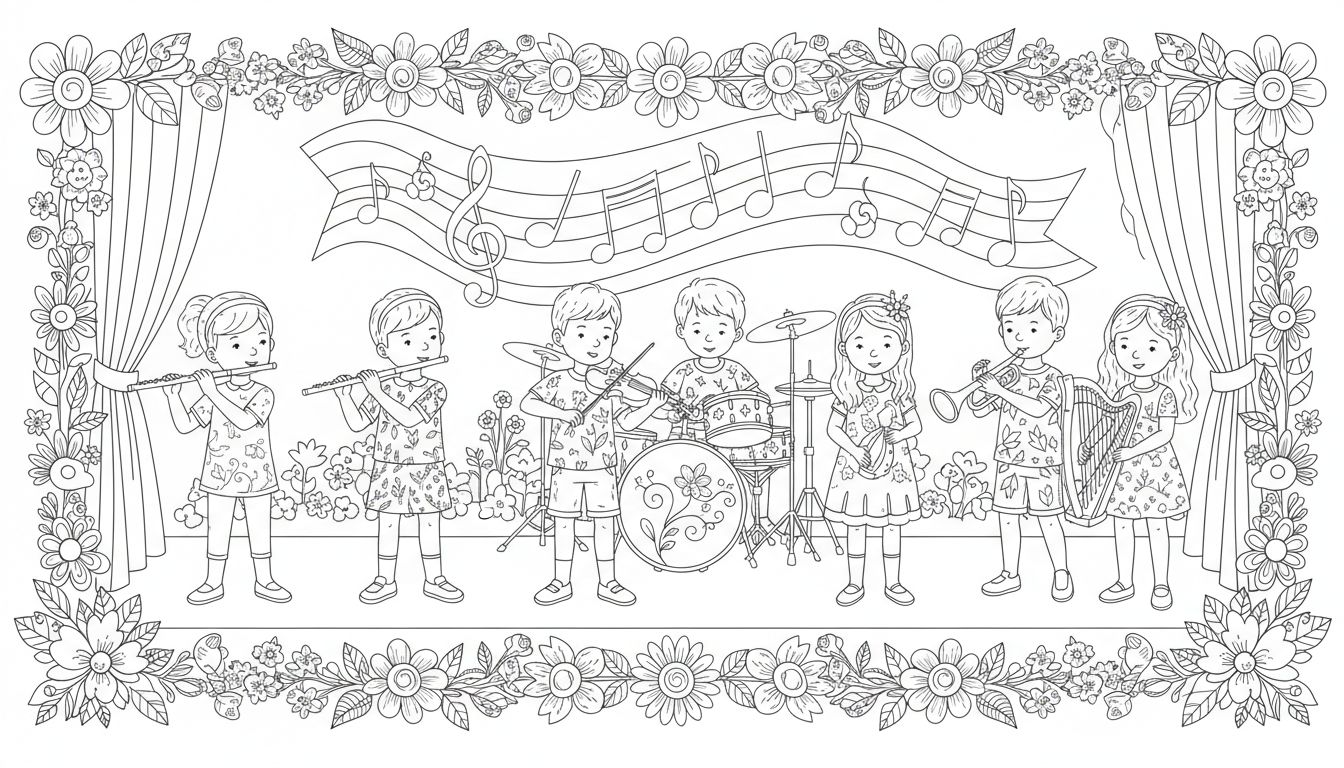 children playing musical instruments during concert coloring page to print