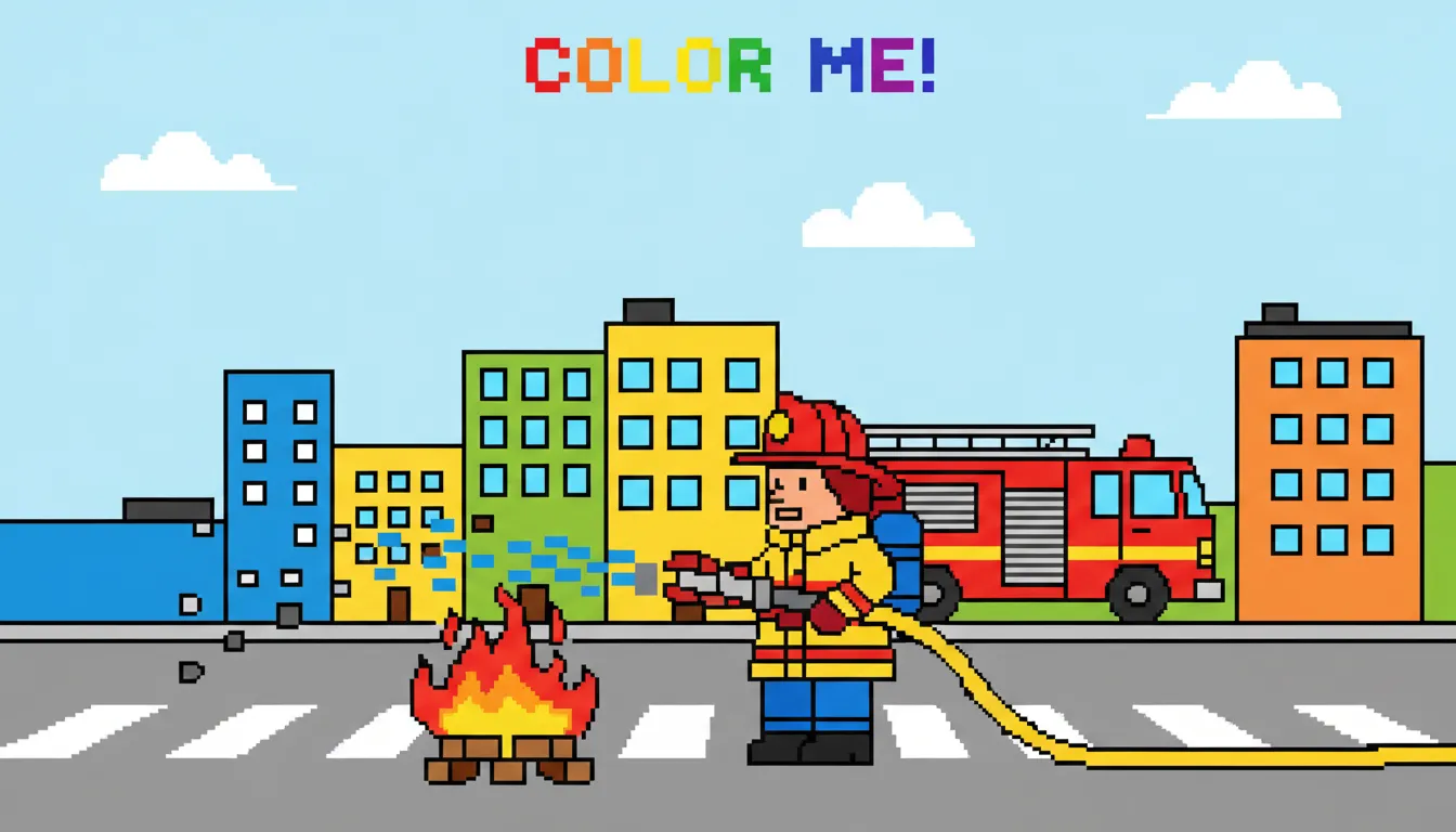 firefighter putting out street fire coloring page to print