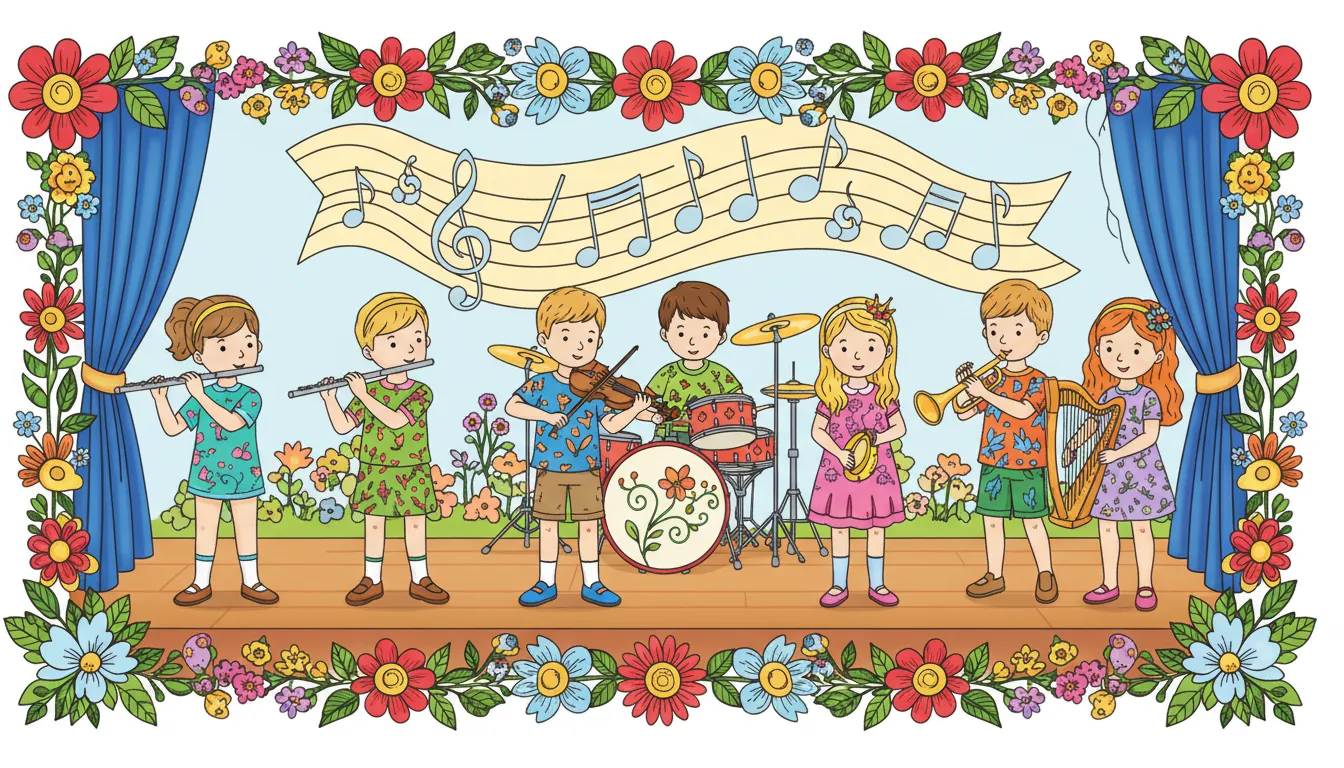 children playing musical instruments during concert coloring page to print