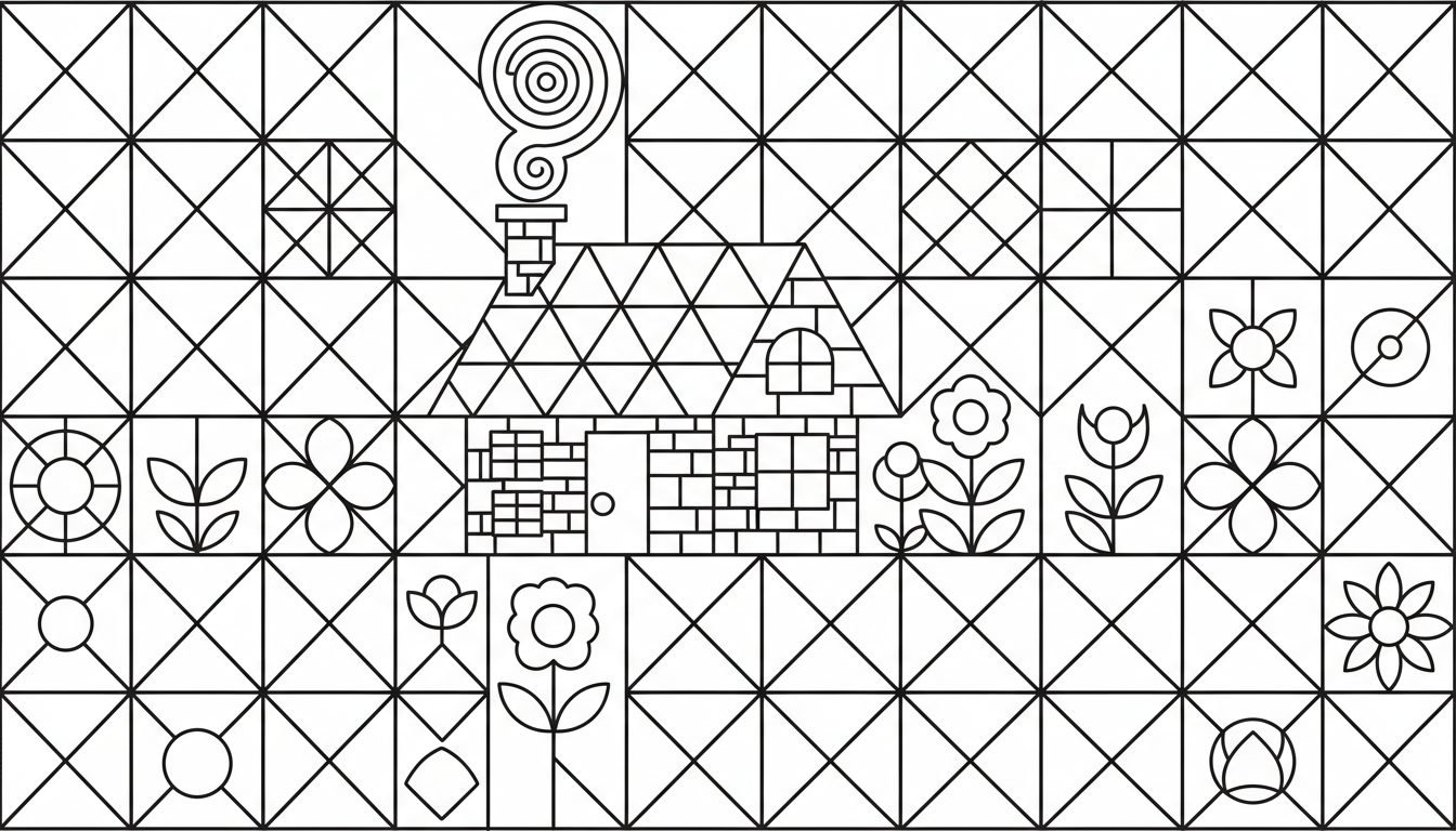 A cozy cottage with smoke coming from the chimney and flowers in the yard. coloring page to print