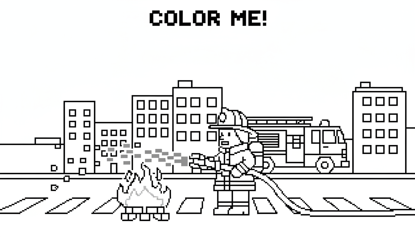 firefighter putting out street fire coloring page to print