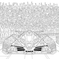 futuristic race car speeding down track