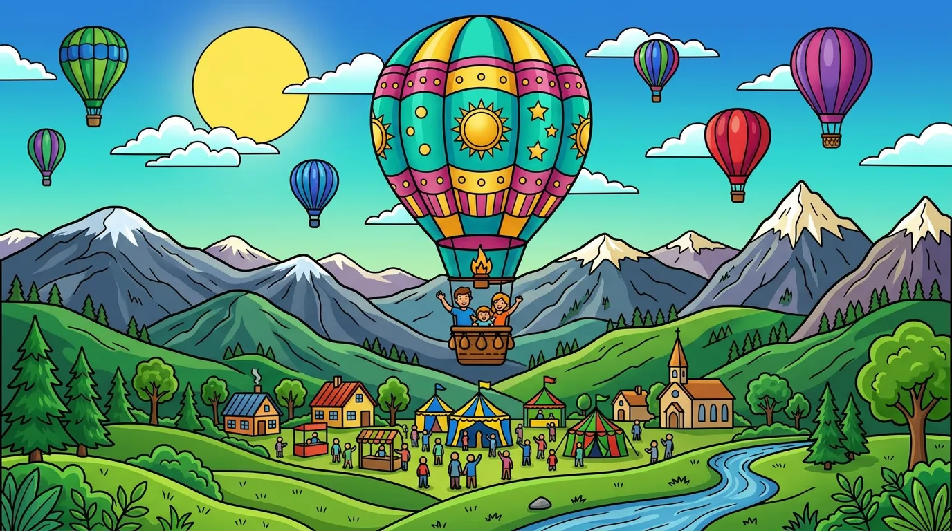 A colorful hot air balloon rising over a mountain landscape during a festival. coloring page to print