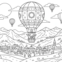 A colorful hot air balloon rising over a mountain landscape during a festival.