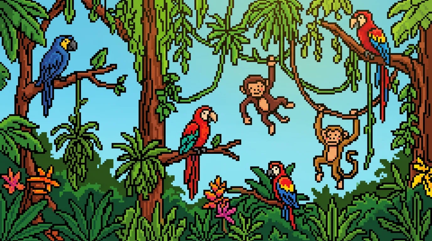 A busy jungle scene with parrots, monkeys, and colorful plants hanging from trees. coloring page to print