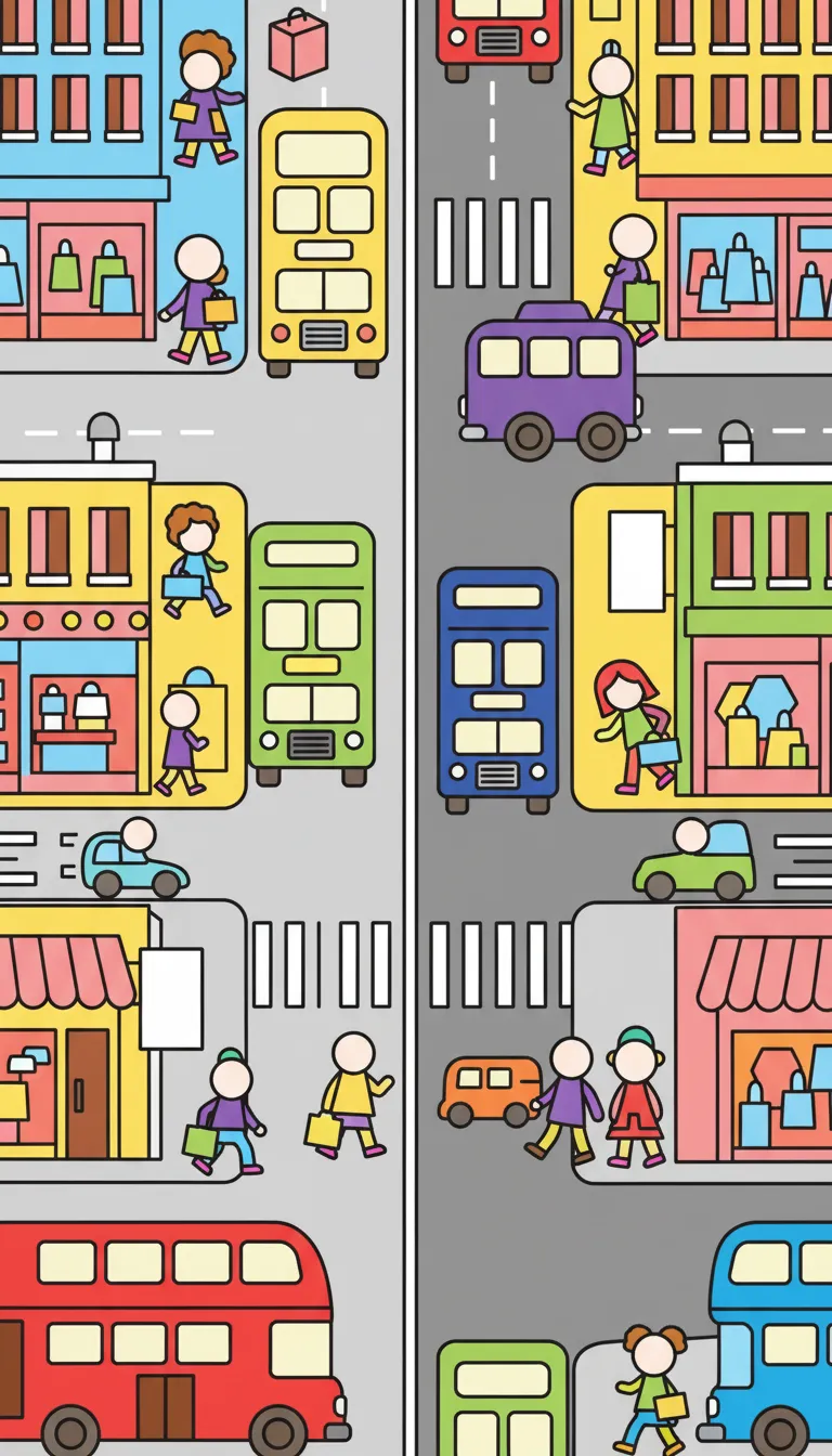 busy city street with taxis buses and shoppers coloring page to print