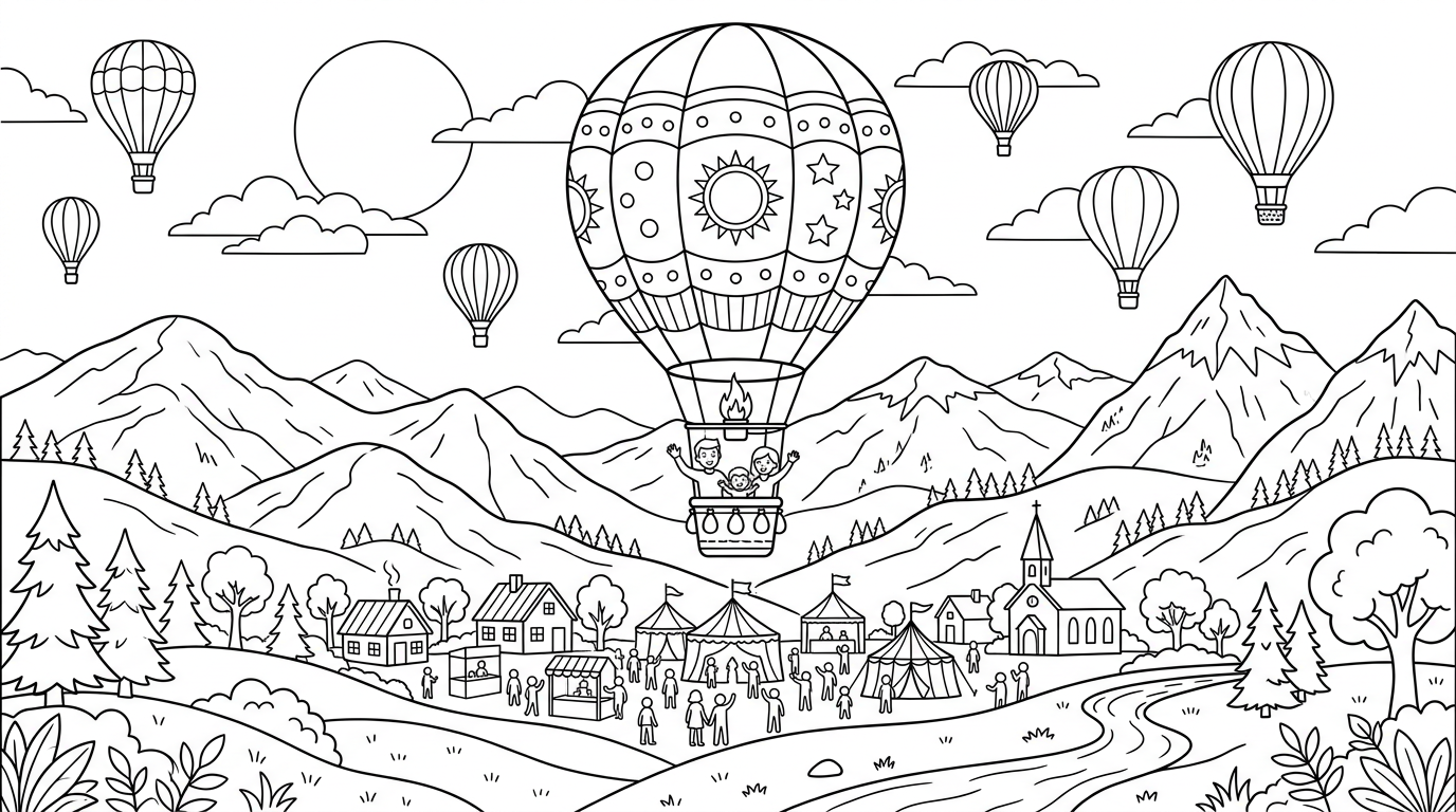 A colorful hot air balloon rising over a mountain landscape during a festival. coloring page to print
