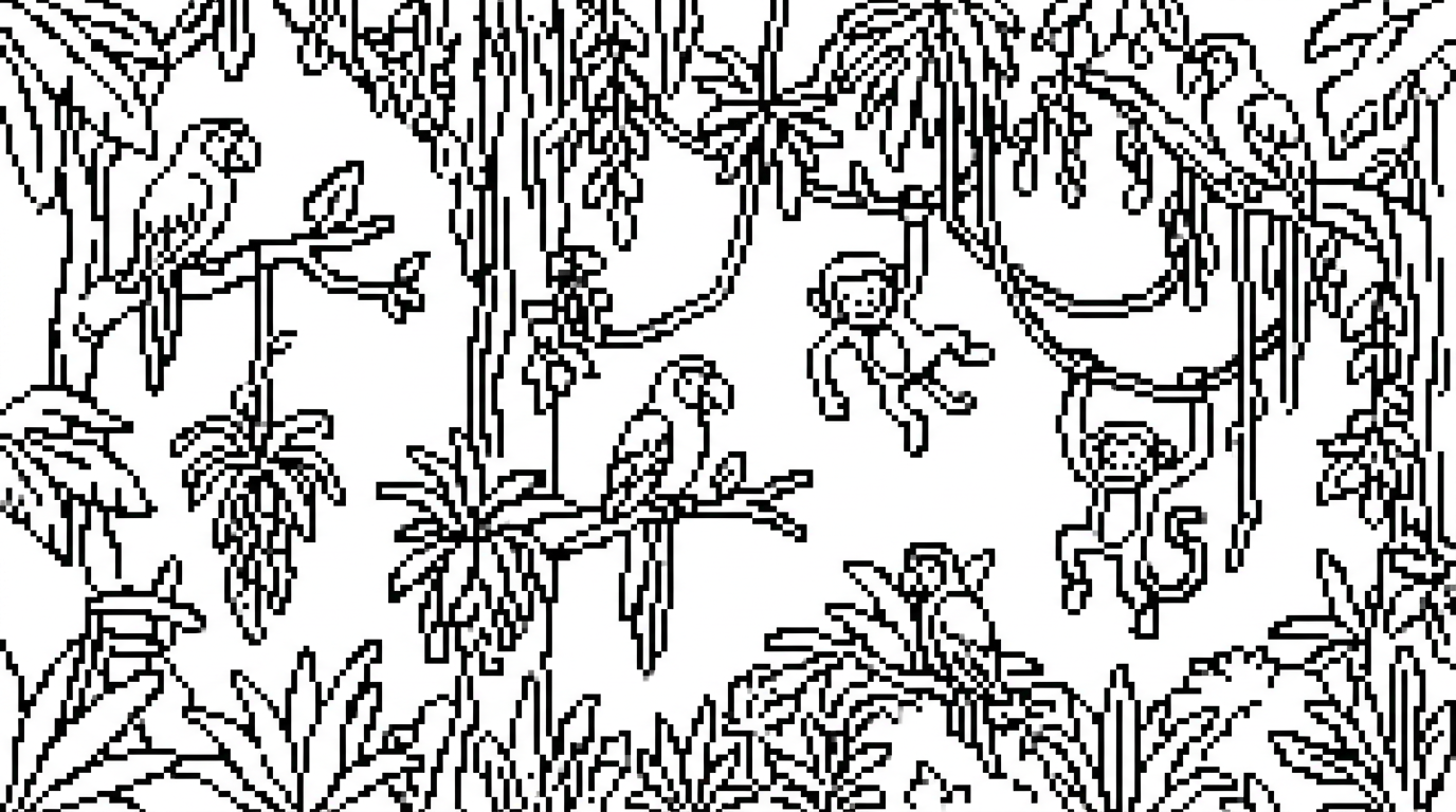 A busy jungle scene with parrots, monkeys, and colorful plants hanging from trees. coloring page to print