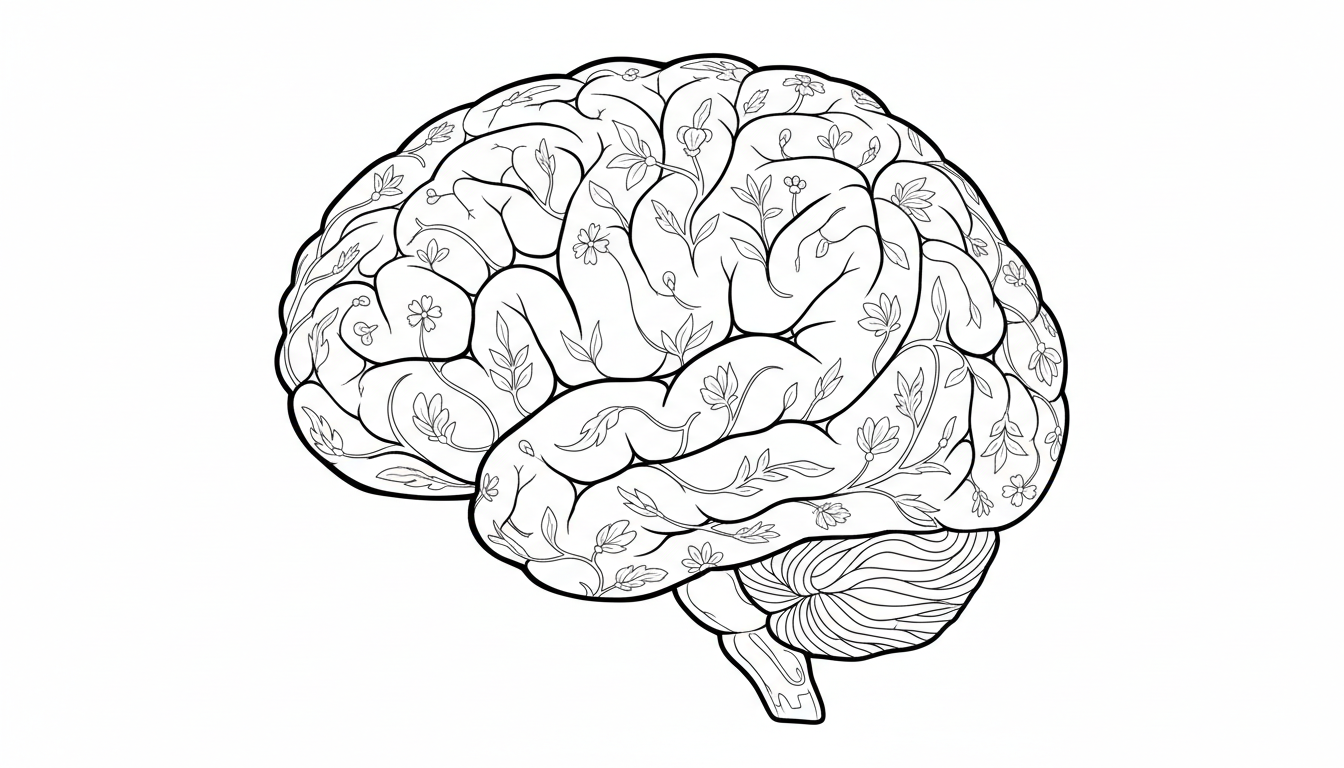 human brain with highlighted regions coloring page to print