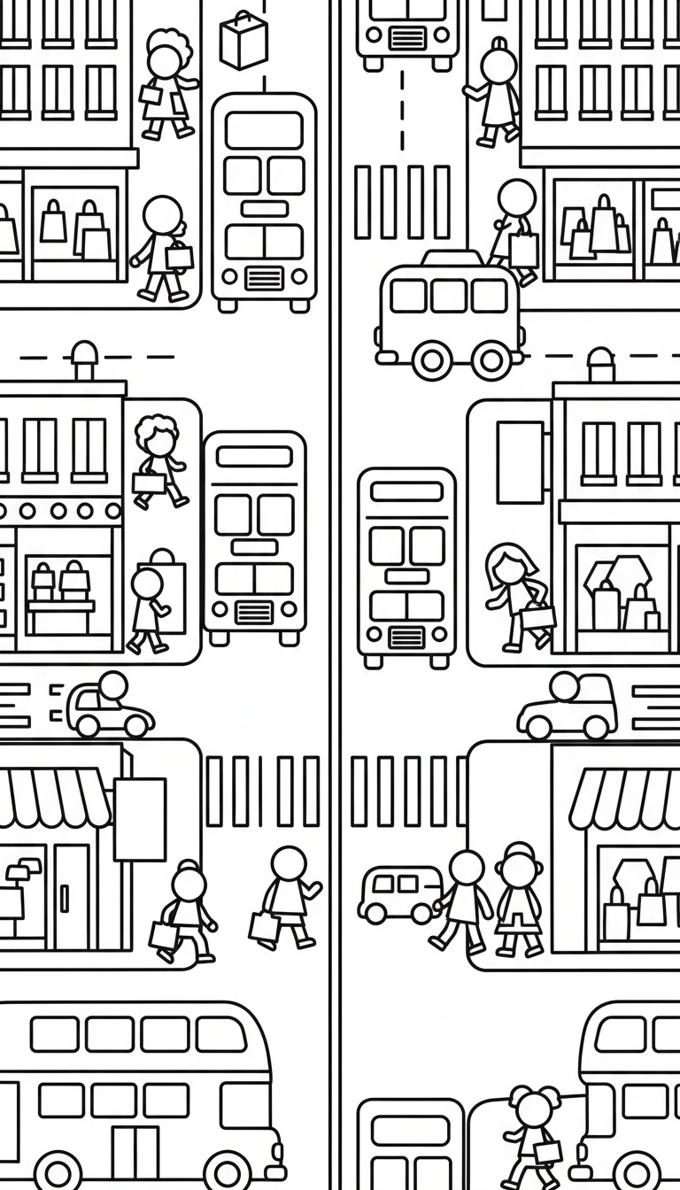 busy city street with taxis buses and shoppers coloring page to print