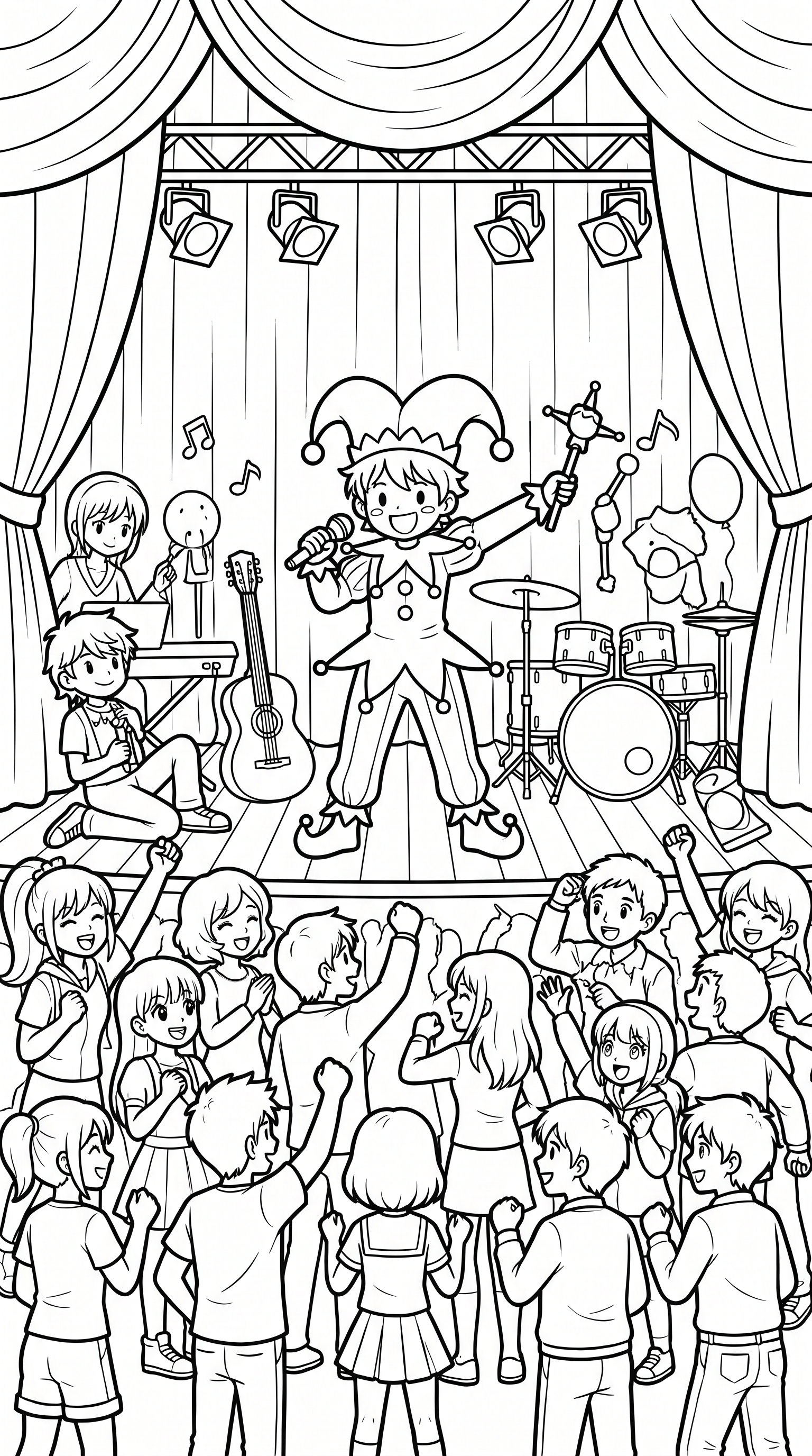 busy theater stage with performer and audience coloring page to print