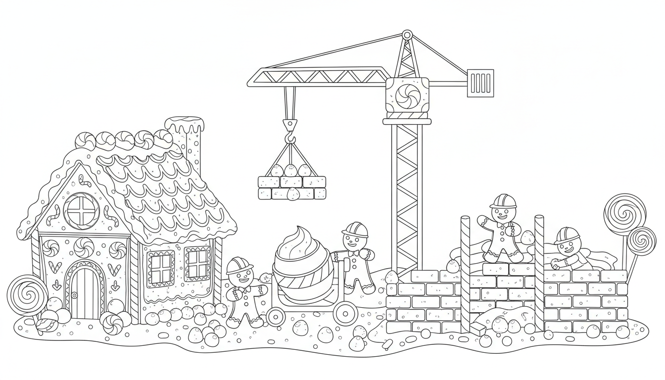 Christmas gingerbread construction site coloring page to print
