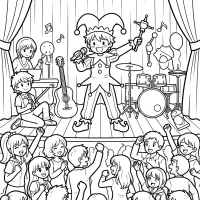 busy theater stage with performer and audience
