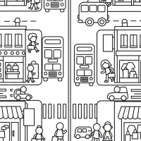 busy city street with taxis buses and shoppers