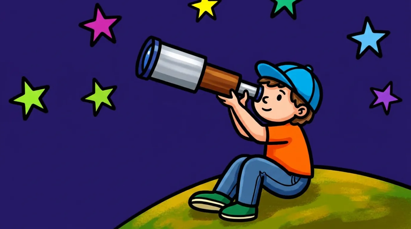 Child looking through telescope at stars coloring page to print