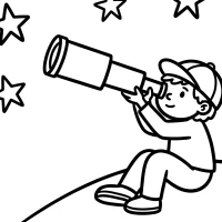 Child looking through telescope at stars
