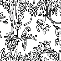 A busy jungle scene with parrots, monkeys, and colorful plants hanging from trees.