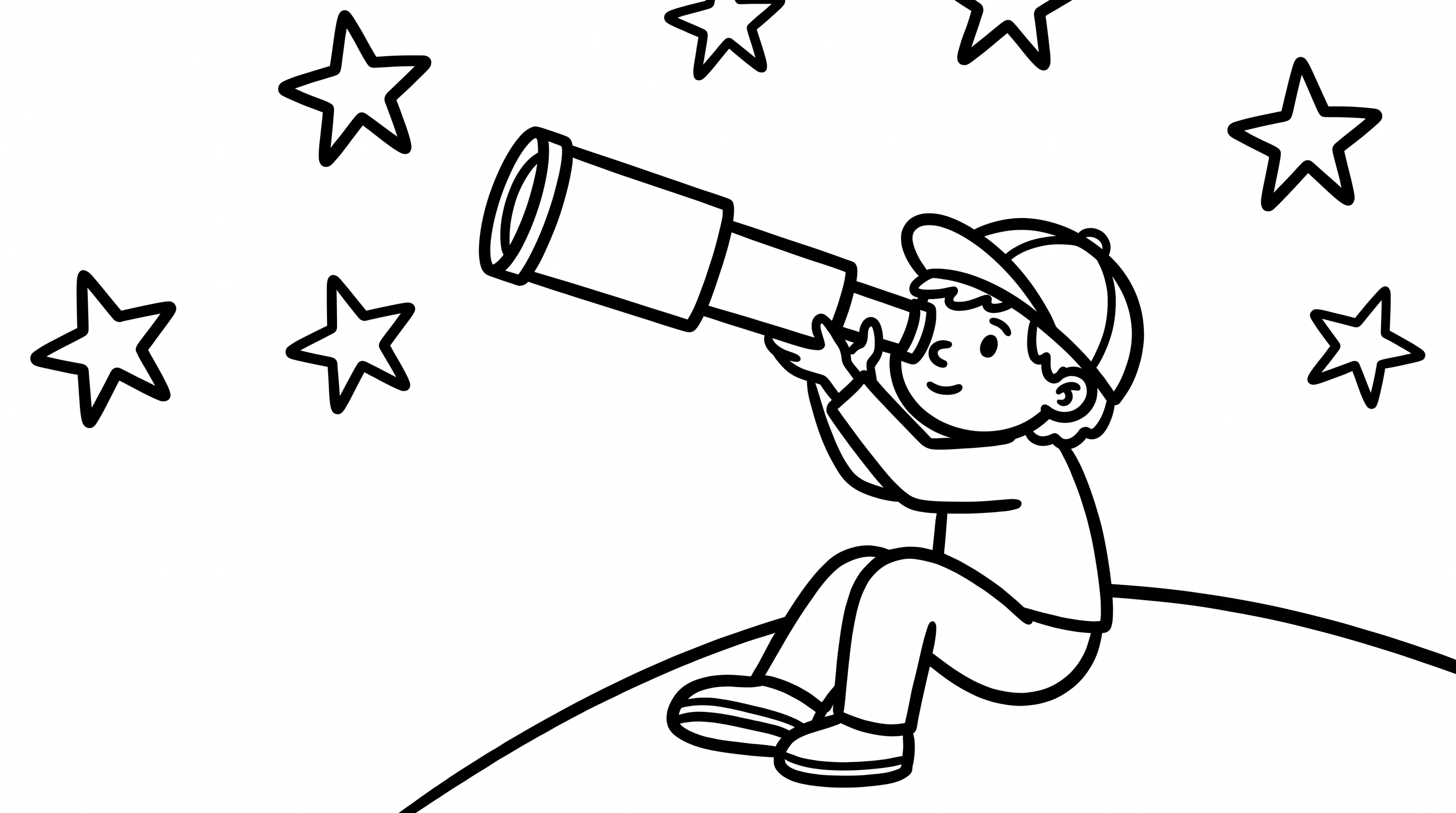 Child looking through telescope at stars coloring page to print