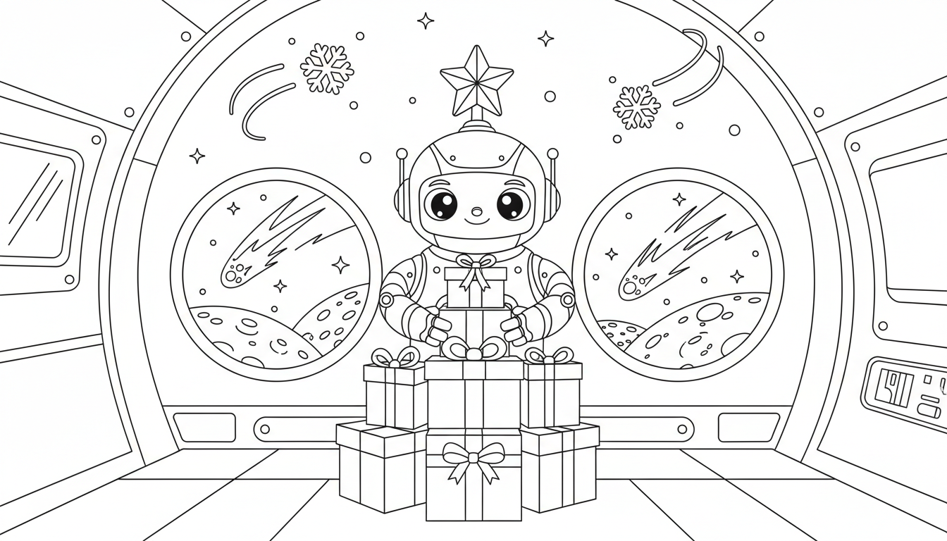 robot stacking crates in moon base coloring page to print