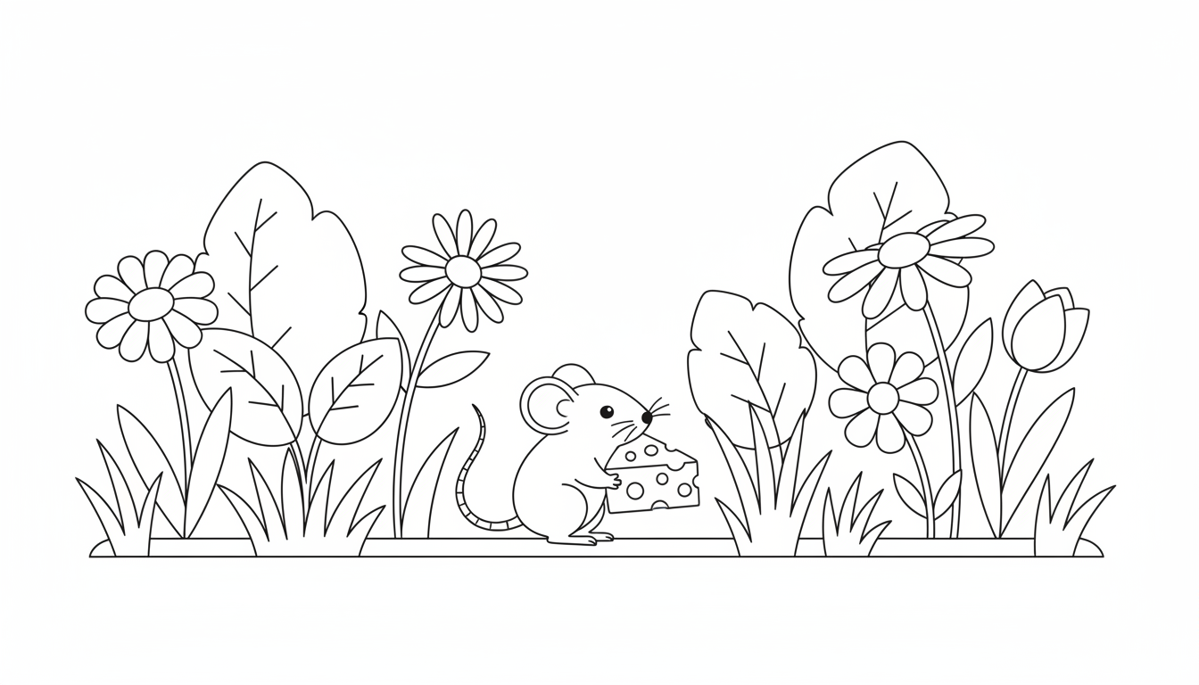A tiny mouse carrying a piece of cheese through a garden. coloring page to print