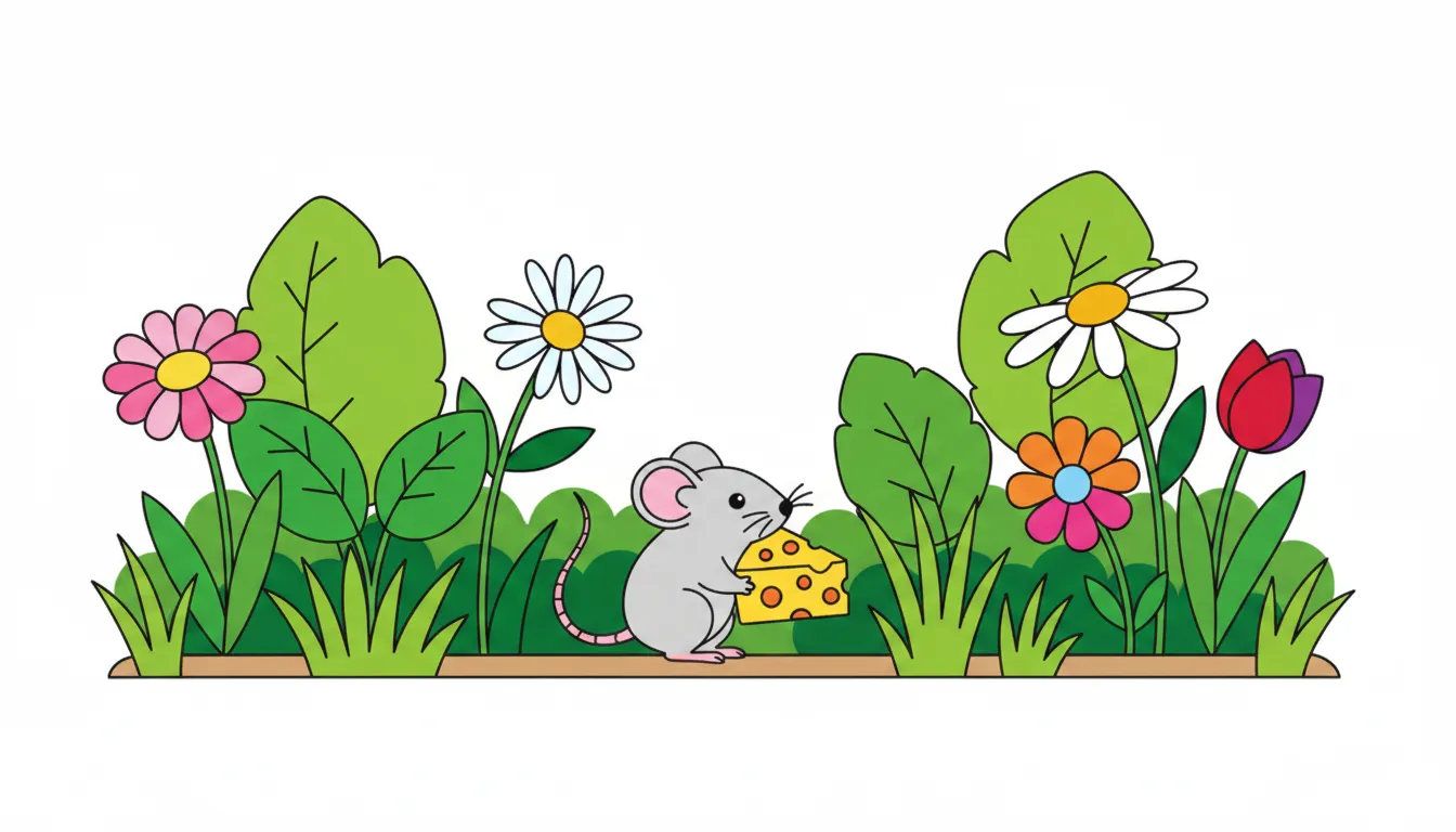 A tiny mouse carrying a piece of cheese through a garden. coloring page to print