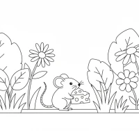 A tiny mouse carrying a piece of cheese through a garden.