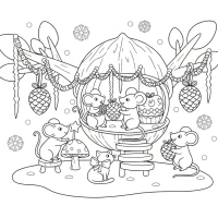tiny mouse family decorating walnut-shell treehouse