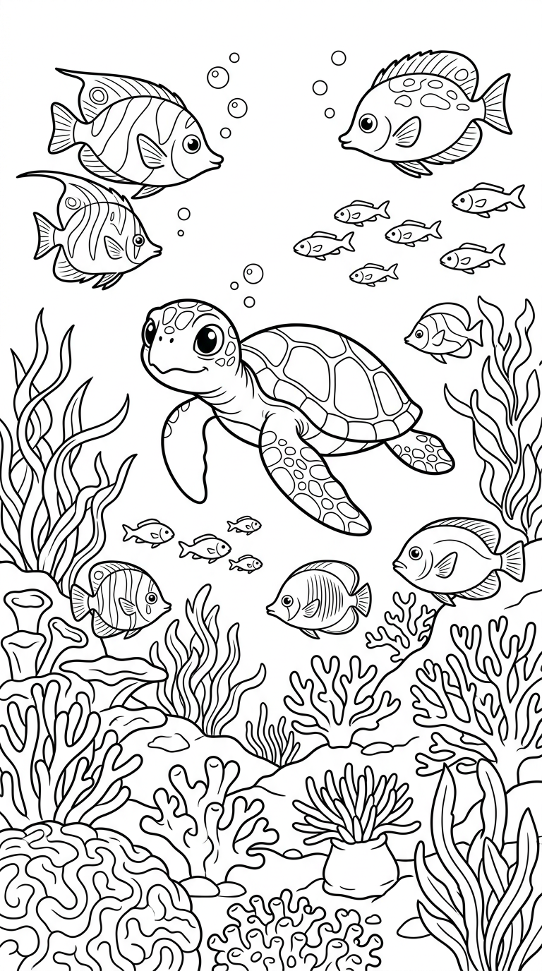 A vibrant coral reef with various fish, seaweed, and a curious turtle swimming by. coloring page to print