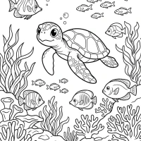 A vibrant coral reef with various fish, seaweed, and a curious turtle swimming by.